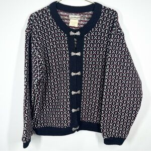 VTG 90s L.L. Bean Wool Blend Nordic Birdseye Silver Clasp Cardigan Sweater M
